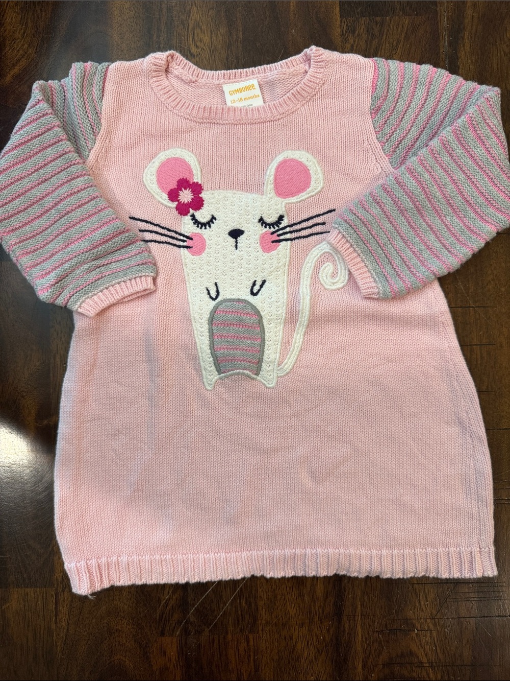 Gymboree Pink Mouse Knit Sweater Dress with Gray & Pink Striped Sleeves